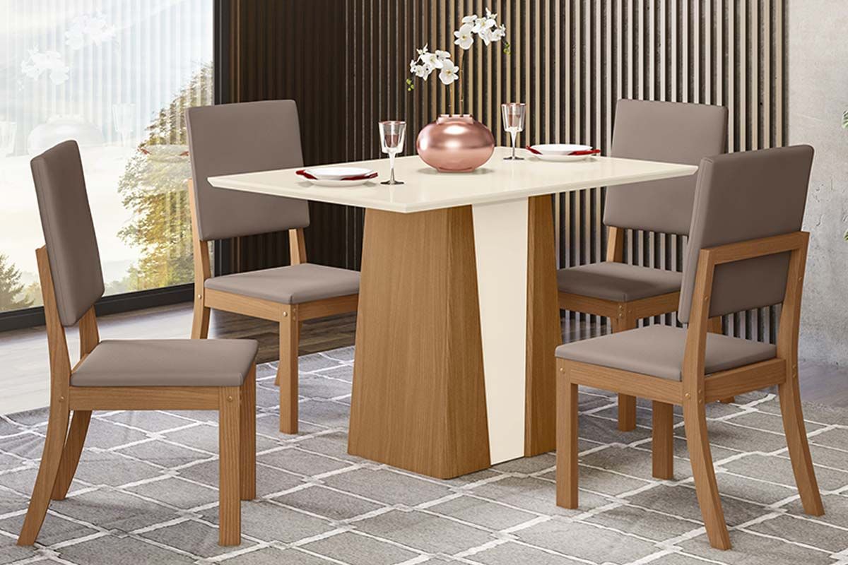 Sala de Jantar Completa Orus c/ Tampo Madeirado 120x80cm e 4 Cadeiras Milla - Henn