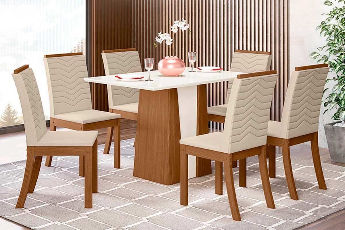 Sala de Jantar Completa Orus Tampo Madeirado 120x80cm e 6 Cadeiras Isa - Henn