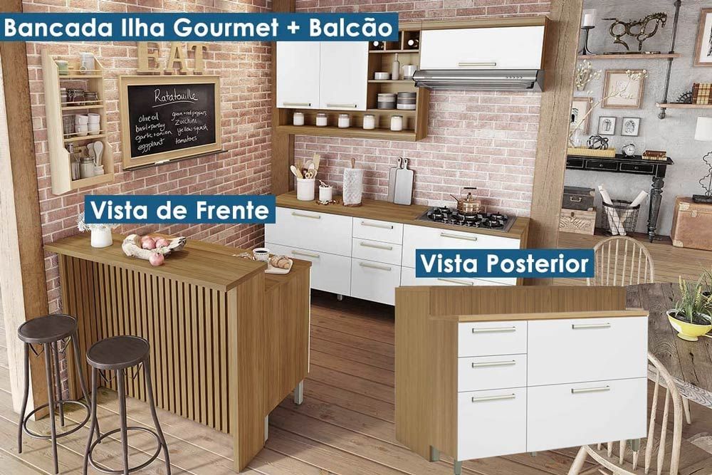 Bancada Ilha Cozinha Nesher Burguesa c/2 Portas 3Gavs 120cm