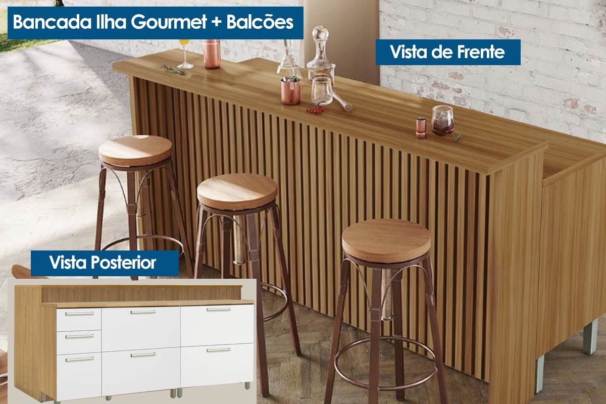 Bancada Ilha Cozinha Nesher Burguesa c/3 Portas 4Gavs