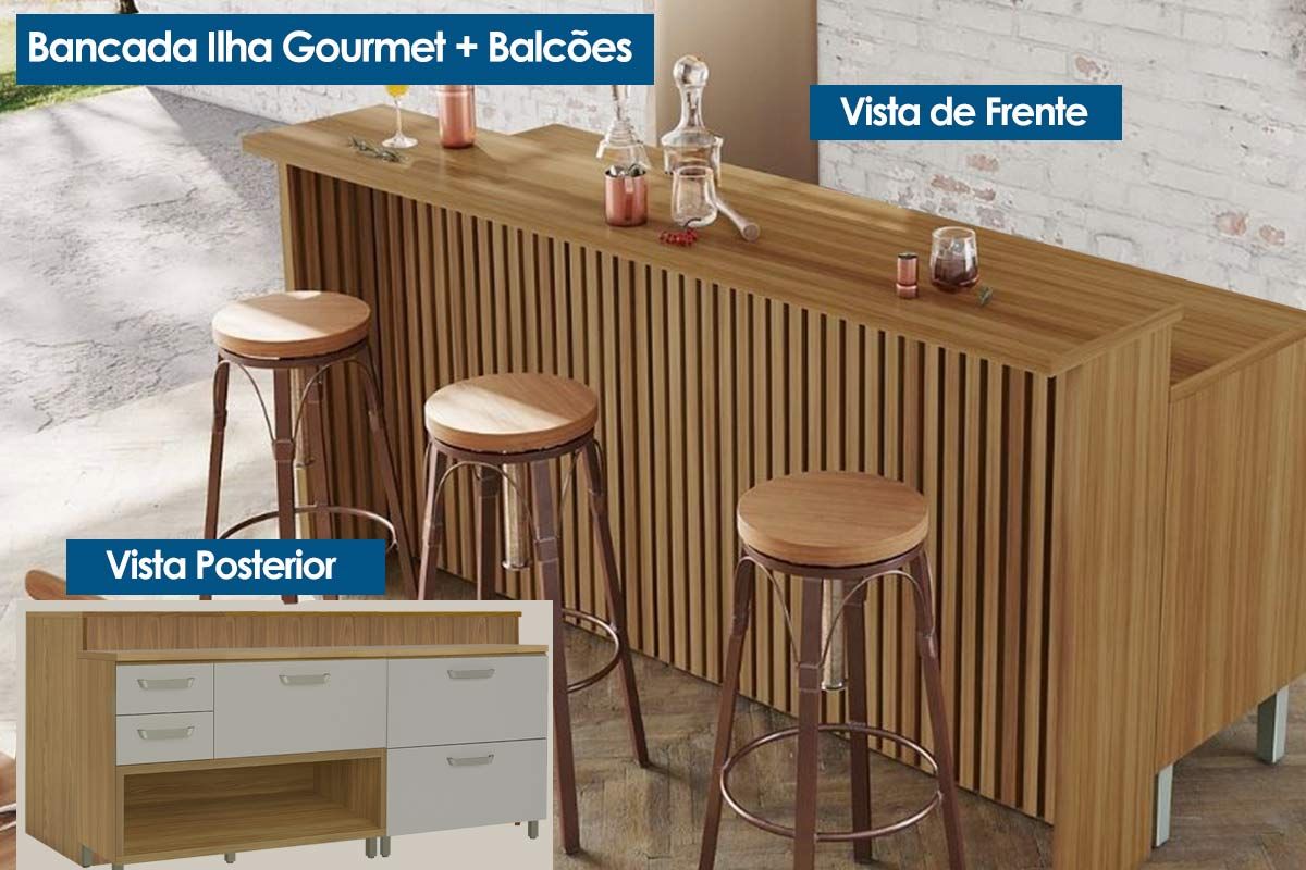 Bancada Ilha Cozinha Nesher Princesa c/2 Portas 3Gavs 200cm