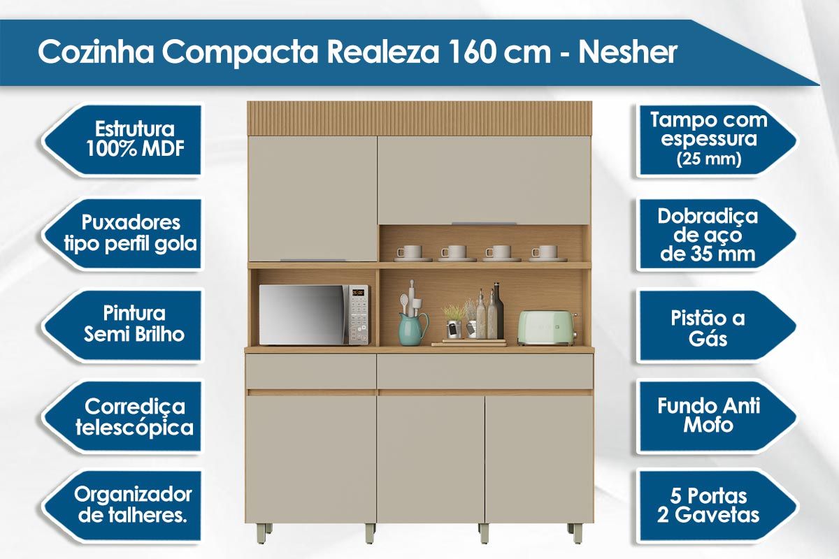 Cozinha Compacta Nesher Realeza c/5 Portas 2Gavs 160cm Cozinha Compacta Nesher Realeza c/5 Portas 2Gavs 160cm