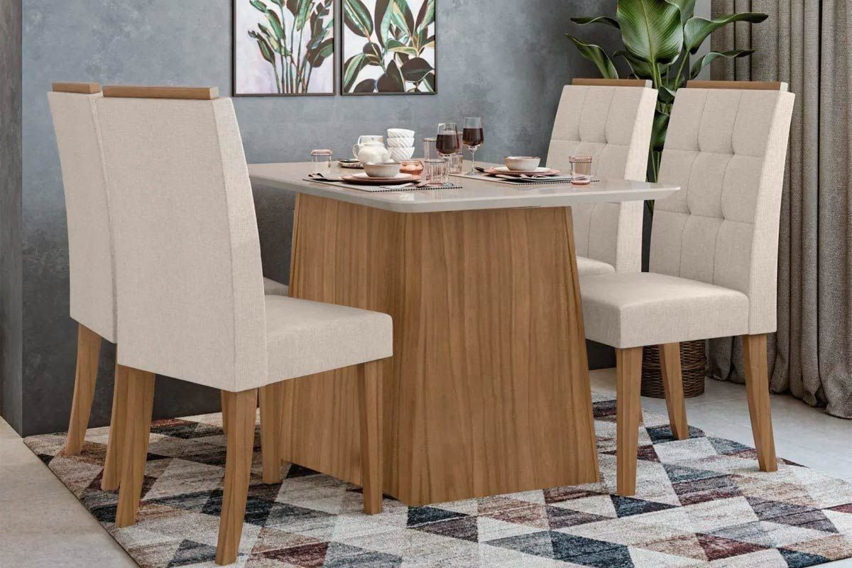 Sala de Jantar Completa Nevada Tampo Madeirado 130cm e 4 Cadeiras Celebrare - Lopas
