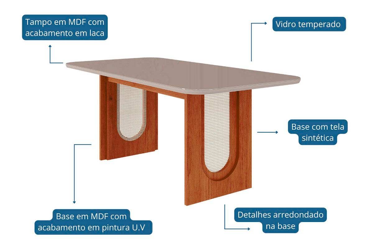 Sala Jantar Mesa Valentina Tampo Madeirado c/ Vidro 180x90cm e 6 Cadeiras Nicole - Cimol