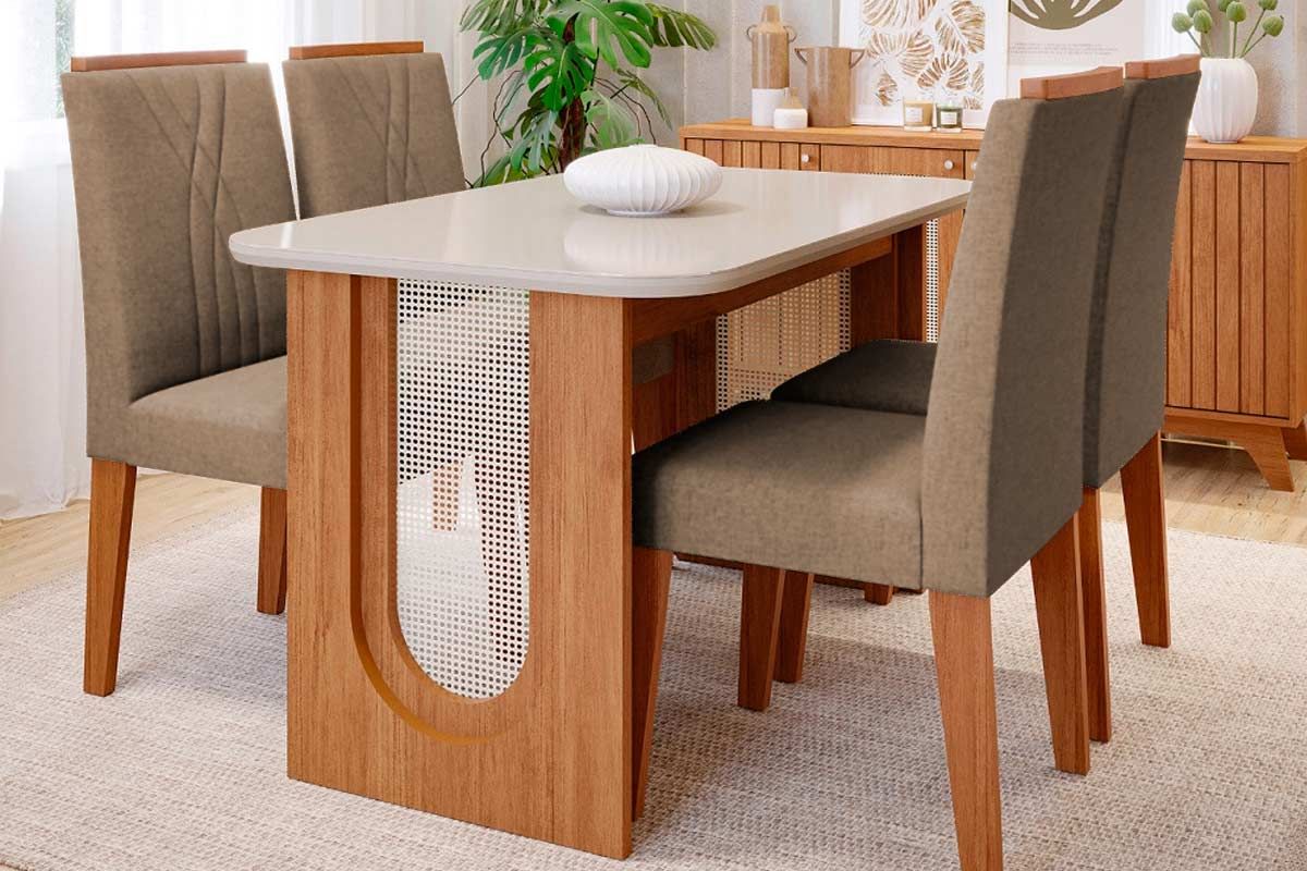 Sala Jantar Mesa Valentina Tampo Madeirado c/ Vidro 130x80cm e 4 Cadeiras Nicole - Cimol
