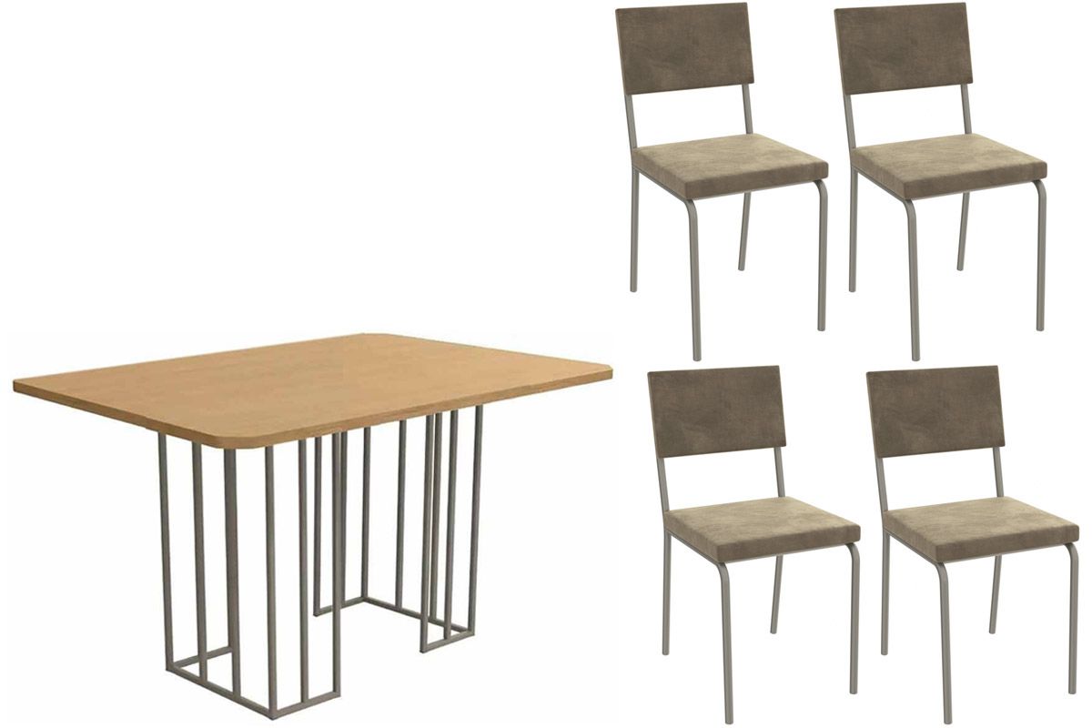 Sala Jantar Mesa Duina c/ Tampo de Madeira 136cm e 4 Cadeiras Zaria - Kappesberg