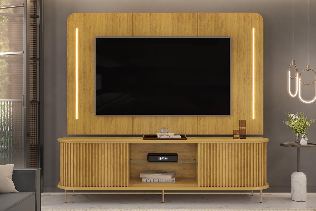 Rack Bancada c/ Painel p/ TV até 75 Pol Atlas Ripado 2 Portas 218x62cm - DJ Móveis