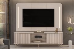Rack Bancada c/ Painel p/ TV até 75 Pol Atlas Ripado 2 Portas 218x62cm - DJ Móveis