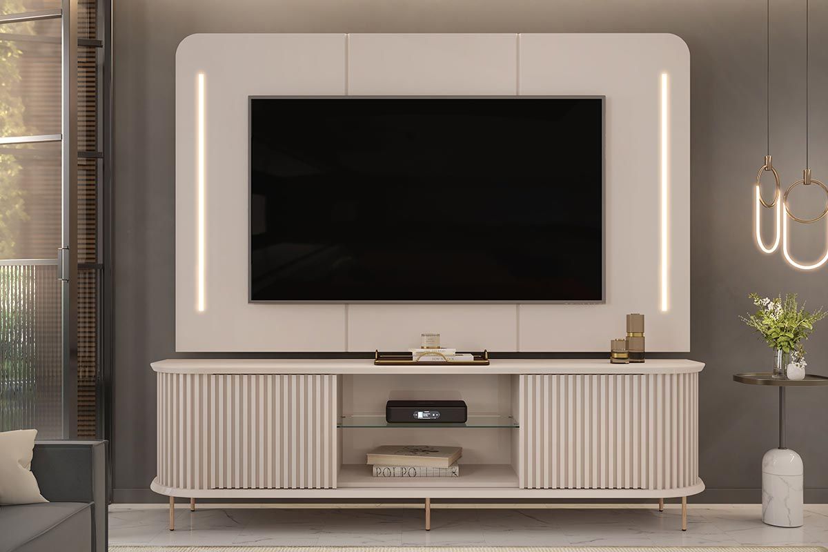 Rack Bancada c/ Painel p/ TV até 75 Pol Atlas Ripado 2 Portas 218x62cm - DJ Móveis