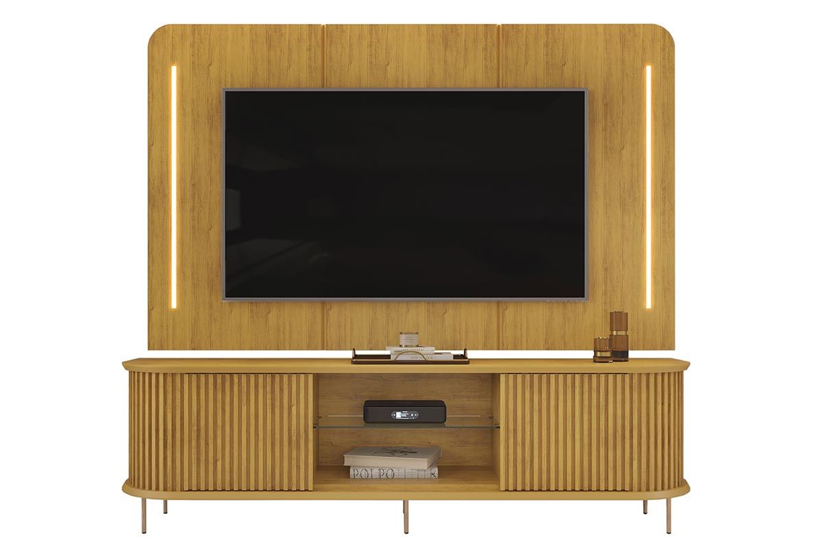 Rack Bancada c/ Painel p/ TV até 75 Pol Atlas Ripado 2 Portas 218x62cm - DJ Móveis
