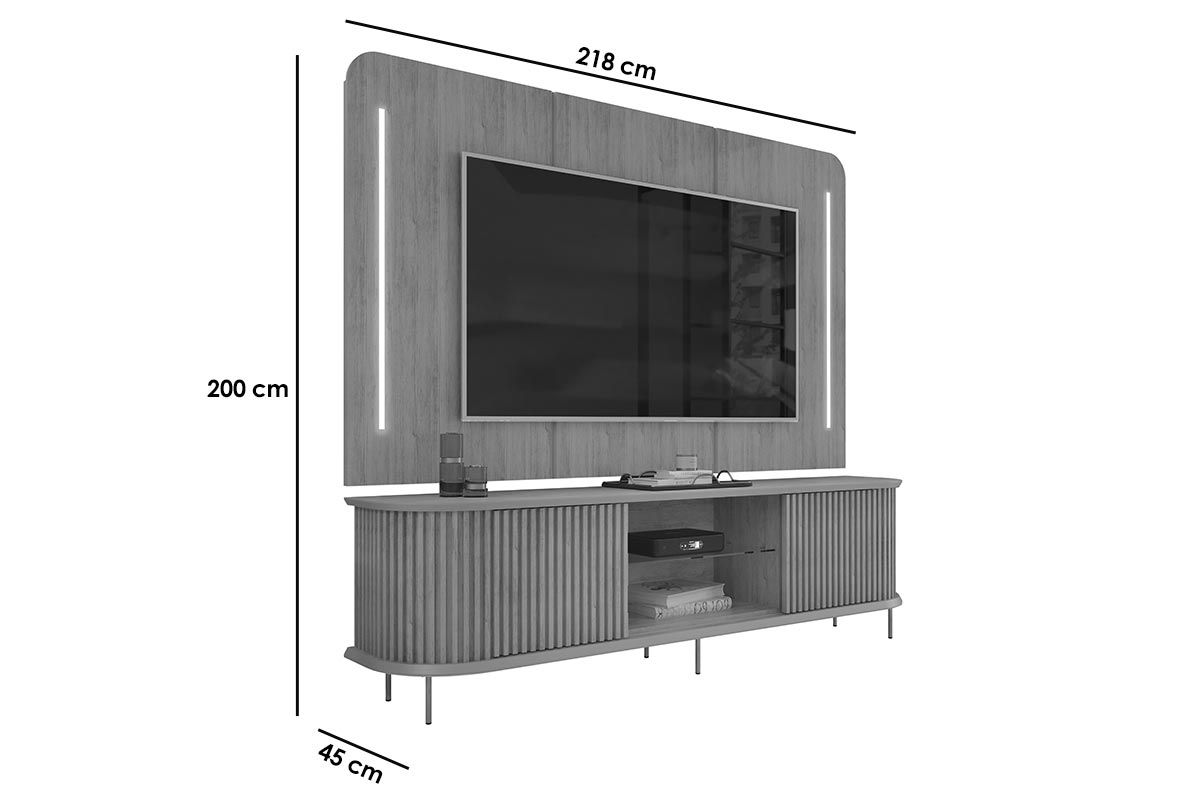Rack Bancada c/ Painel p/ TV até 75 Pol Atlas Ripado 2 Portas 218x62cm - DJ Móveis