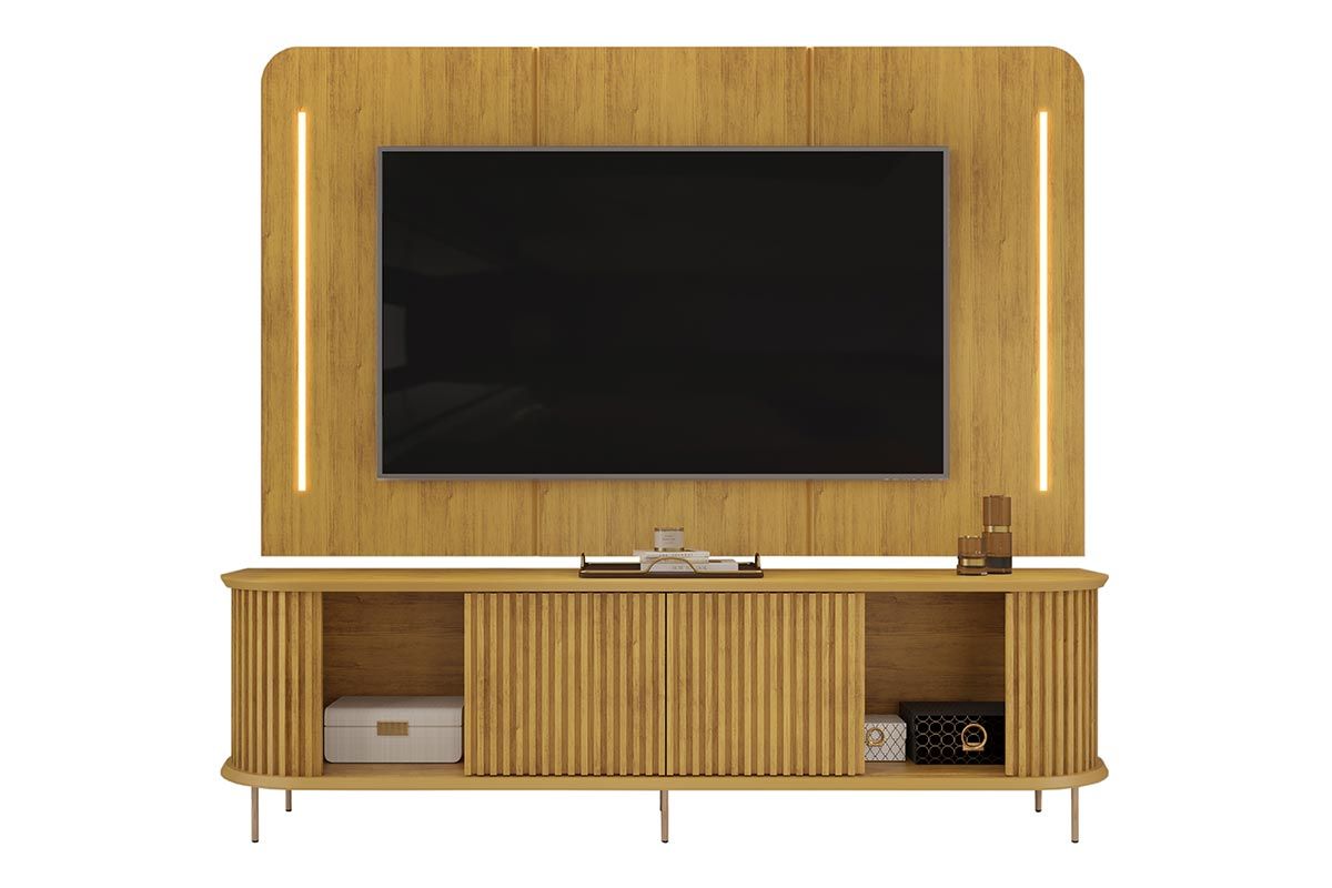 Rack Bancada c/ Painel p/ TV até 75 Pol Atlas Ripado 2 Portas 218x62cm - DJ Móveis