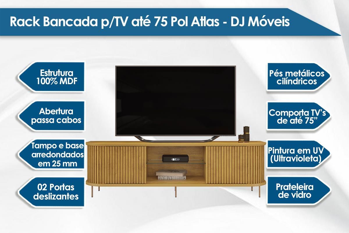 Rack Bancada c/ Painel p/ TV até 75 Pol Atlas Ripado 2 Portas 218x62cm - DJ Móveis