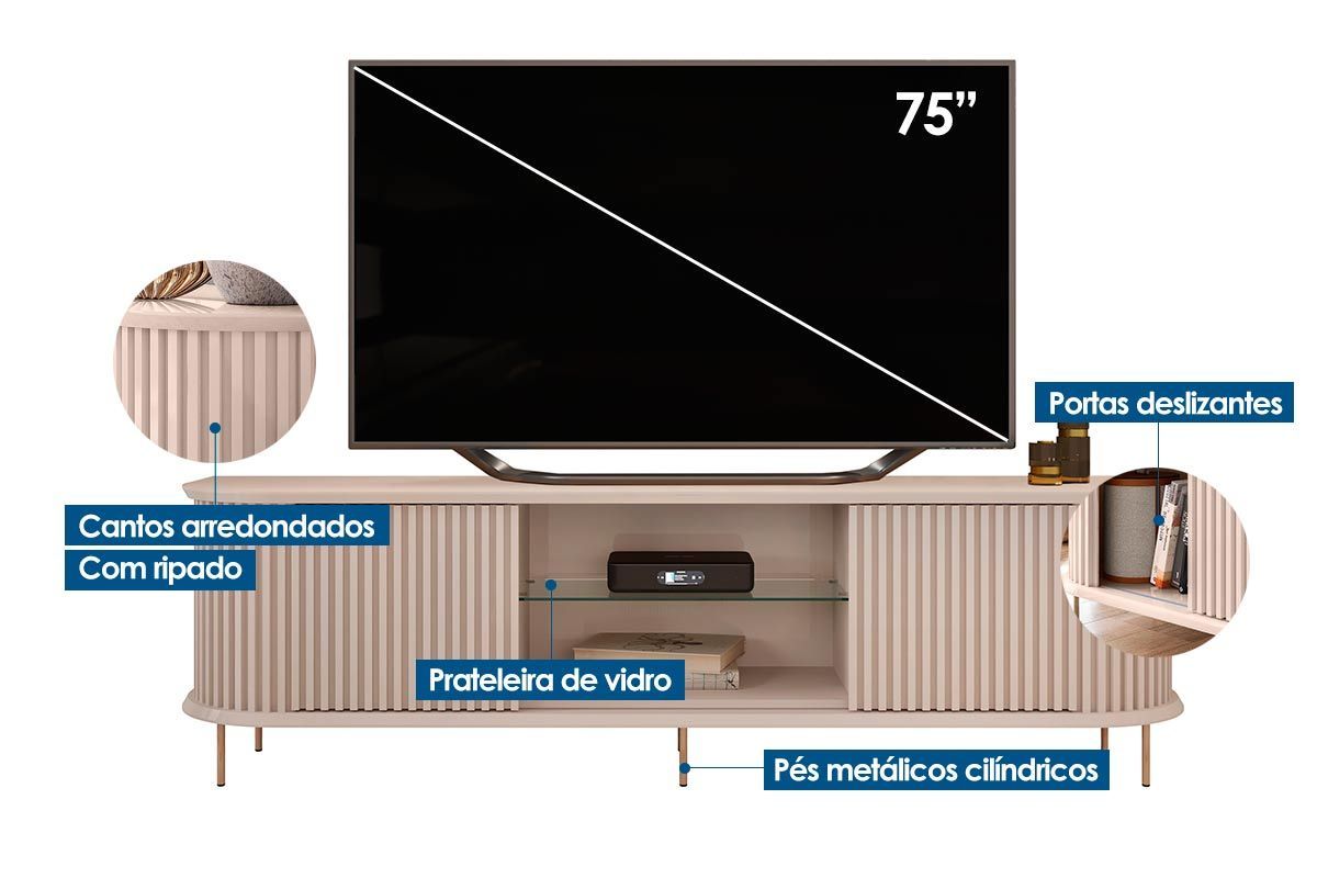 Rack Bancada c/ Painel p/ TV até 75 Pol Atlas Ripado 2 Portas 218x62cm - DJ Móveis
