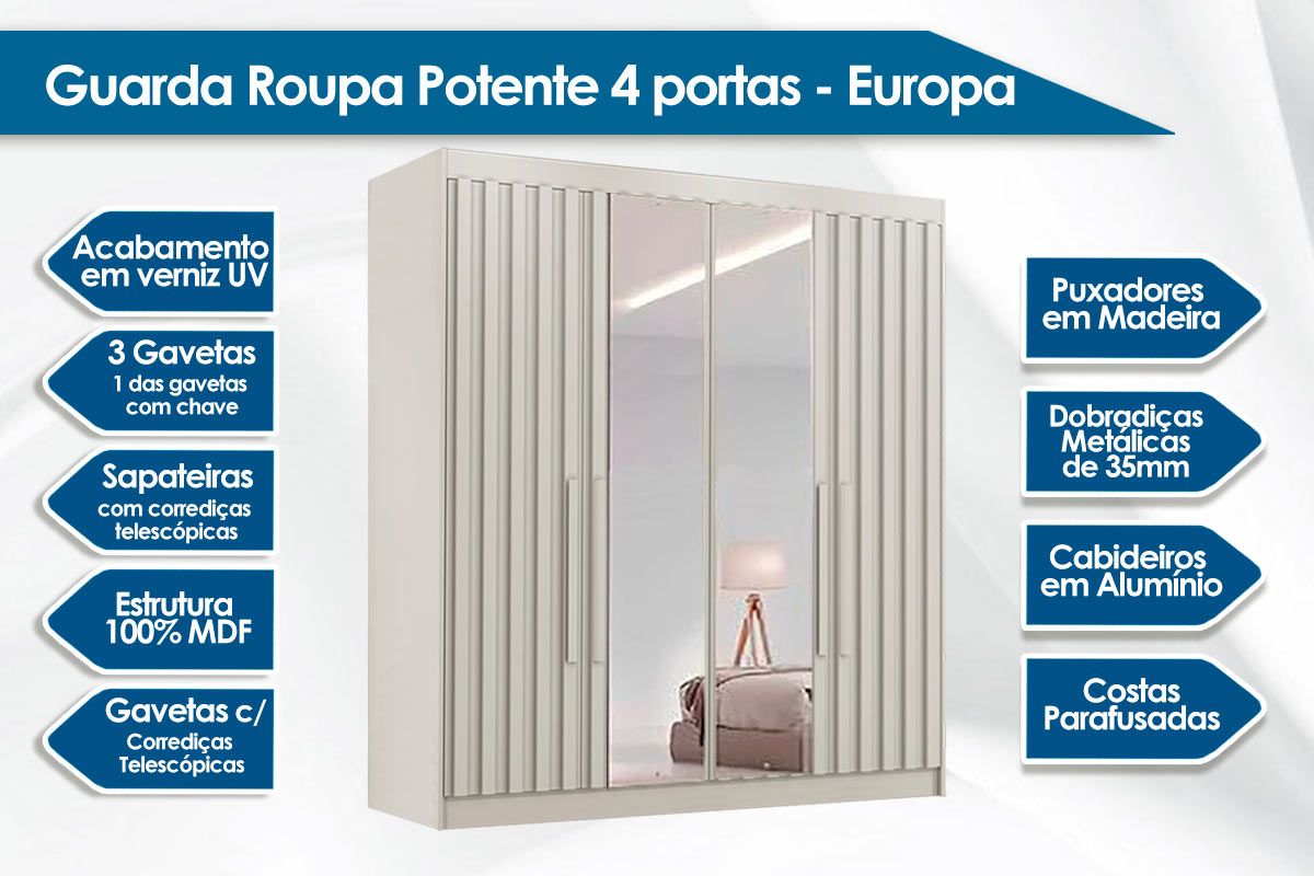 Guarda Roupa Solteiro 4 Portas Ripadas (2 c/Espelho) e 3 Gavetas Potente Europa
