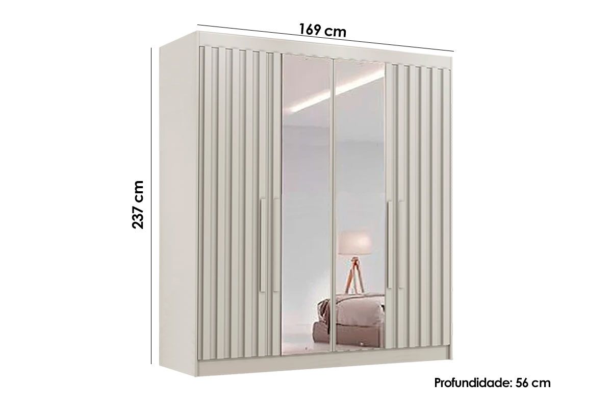 Guarda Roupa Solteiro 4 Portas Ripadas (2 c/Espelho) e 3 Gavetas Potente Europa