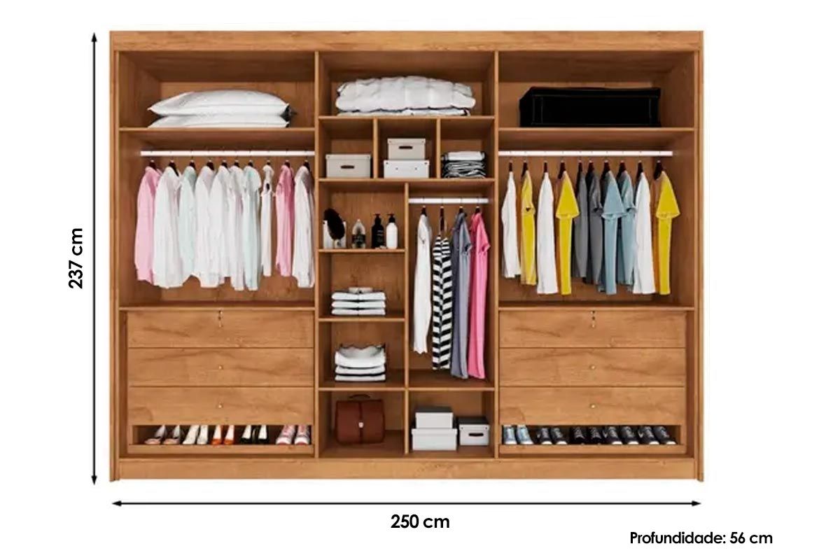 Guarda Roupa Casal 6 Portas Ripadas (2 c/Espelho) e 6 Gavetas Potente Europa