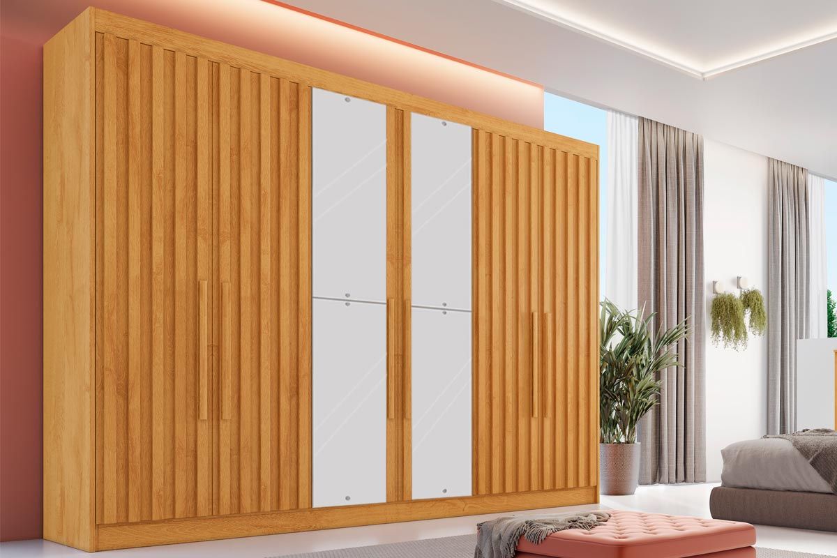 Guarda Roupa Casal 6 Portas Ripadas (2 c/Espelho) e 6 Gavetas Potente Europa