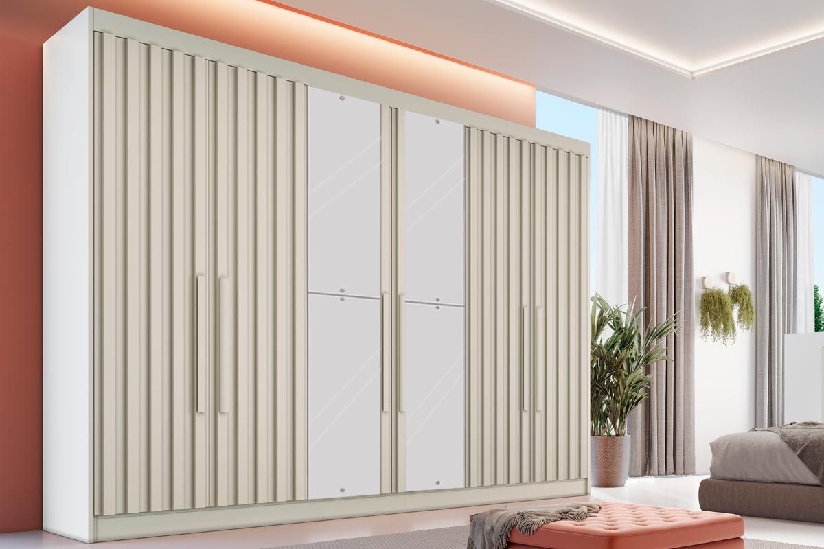 Guarda Roupa Casal 6 Portas Ripadas (2 c/Espelho) e 6 Gavetas Potente Europa