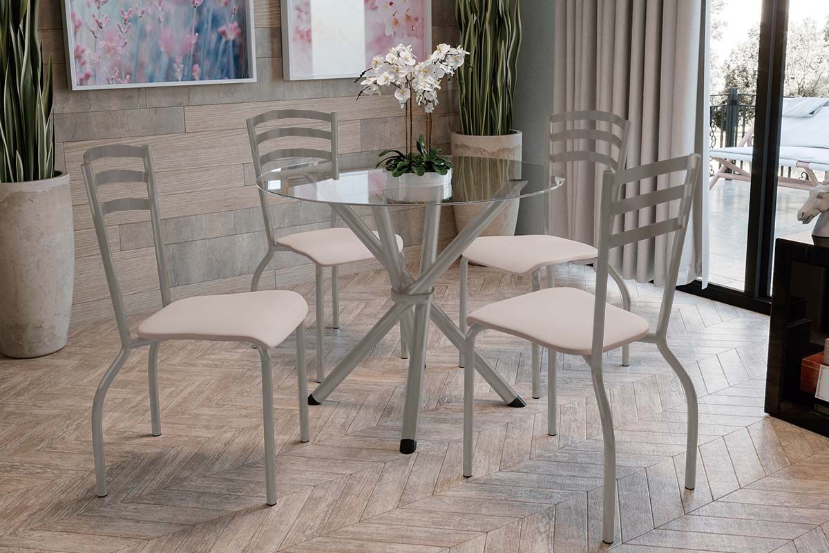 Sala Jantar Mesa Volga c/ Tampo de Vidro 95cm e 4 Cadeiras Portugal - Kappesberg