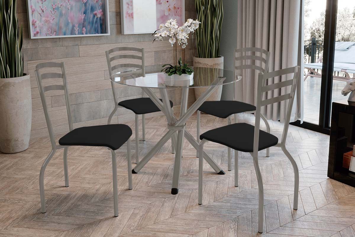 Sala Jantar Mesa Volga c/ Tampo de Vidro 95cm e 4 Cadeiras Portugal - Kappesberg