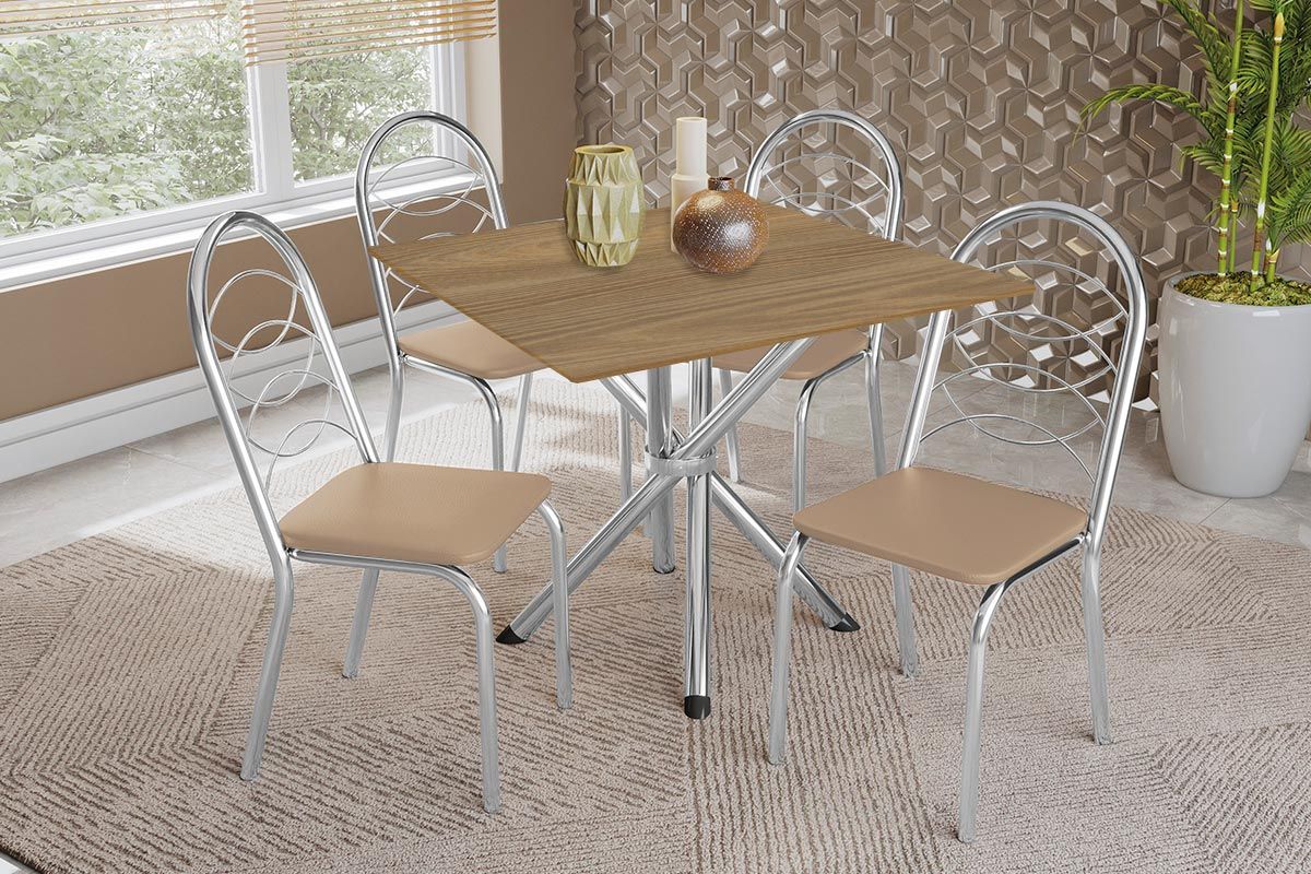 Sala Jantar Mesa Volga c/ Tampo de Madeira 90cm e 4 Cadeiras Holanda - Kappesberg