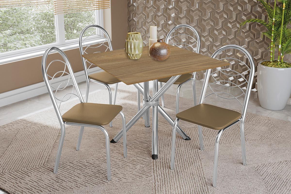 Sala Jantar Mesa Volga c/ Tampo de Madeira 90cm e 4 Cadeiras Holanda - Kappesberg