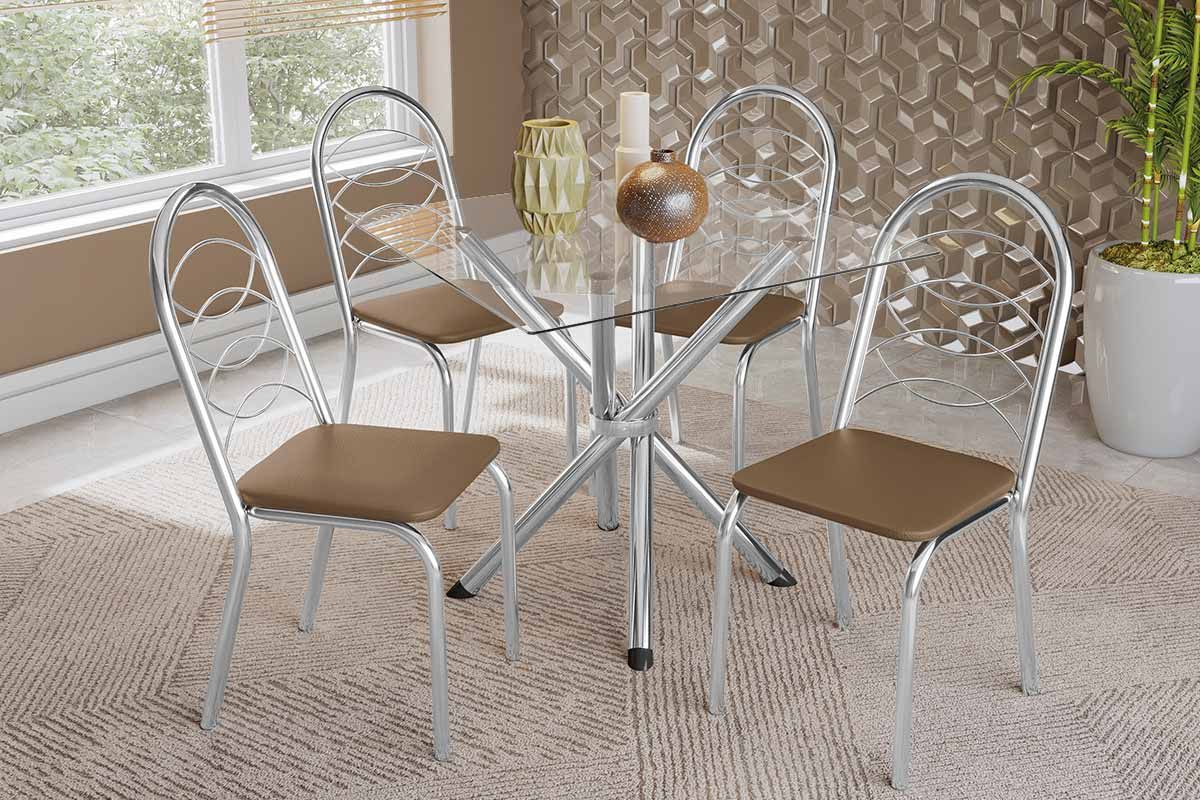 Sala Jantar Mesa Volga c/ Tampo de Vidro 90cm e 4 Cadeiras Holanda - Kappesberg