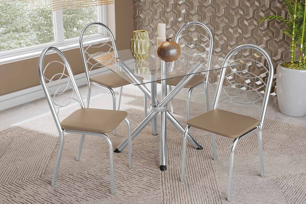 Sala Jantar Mesa Volga c/ Tampo de Vidro 90cm e 4 Cadeiras Holanda - Kappesberg