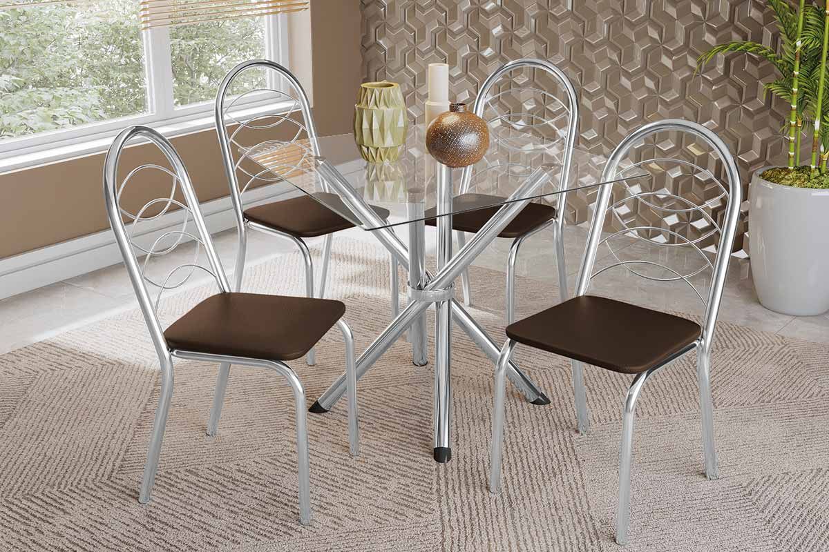 Sala Jantar Mesa Volga c/ Tampo de Vidro 90cm e 4 Cadeiras Holanda - Kappesberg