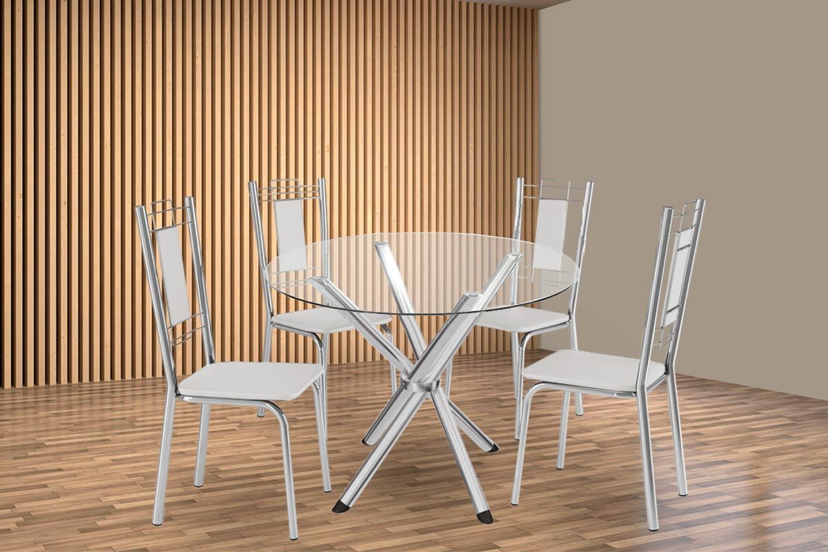 Sala Jantar Mesa Volga c/ Tampo de Vidro 95cm e 4 Cadeiras Florença - Kappesberg