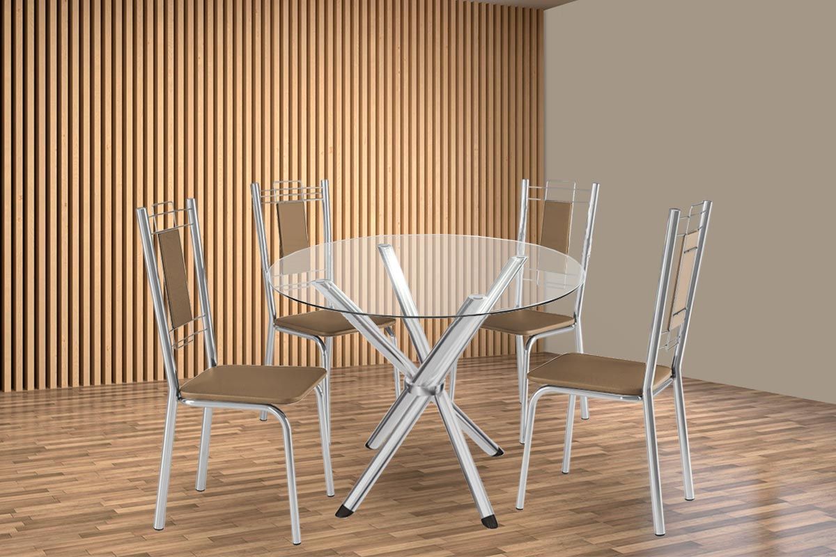 Sala Jantar Mesa Volga c/ Tampo de Vidro 95cm e 4 Cadeiras Florença - Kappesberg