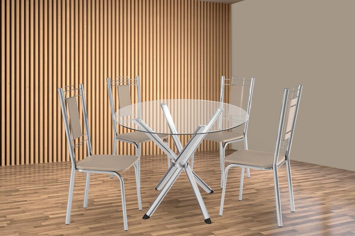 Sala Jantar Mesa Volga c/ Tampo de Vidro 95cm e 4 Cadeiras Florença - Kappesberg