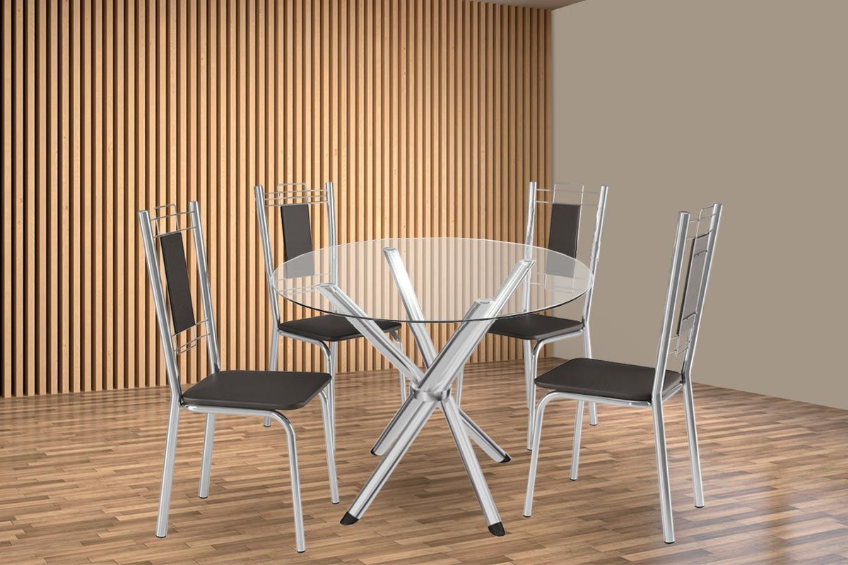 Sala Jantar Mesa Volga c/ Tampo de Vidro 95cm e 4 Cadeiras Florença - Kappesberg