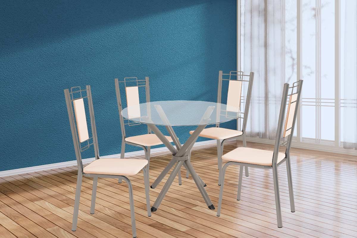 Sala Jantar Mesa Volga c/ Tampo de Vidro 95cm e 4 Cadeiras Florença - Kappesberg