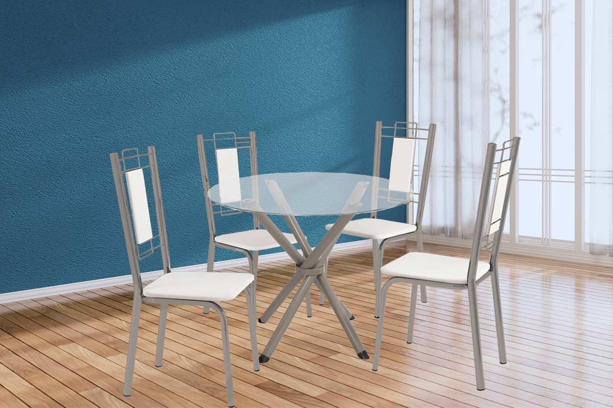 Sala Jantar Mesa Volga c/ Tampo de Vidro 95cm e 4 Cadeiras Florença - Kappesberg