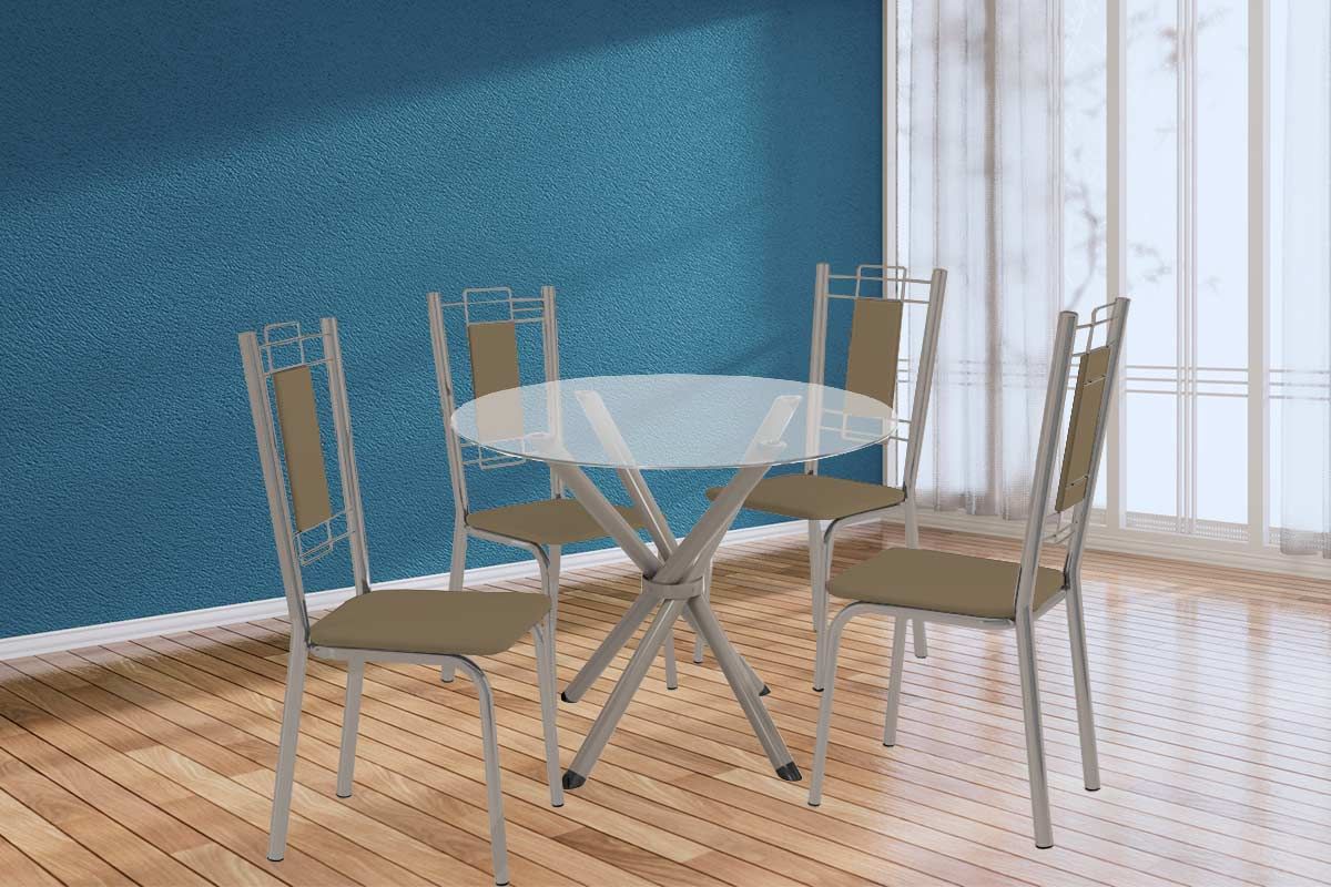 Sala Jantar Mesa Volga c/ Tampo de Vidro 95cm e 4 Cadeiras Florença - Kappesberg