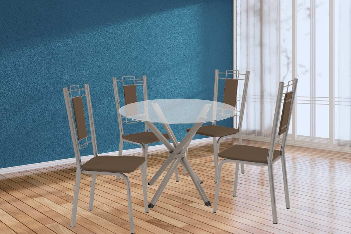 Sala Jantar Mesa Volga c/ Tampo de Vidro 95cm e 4 Cadeiras Florença - Kappesberg