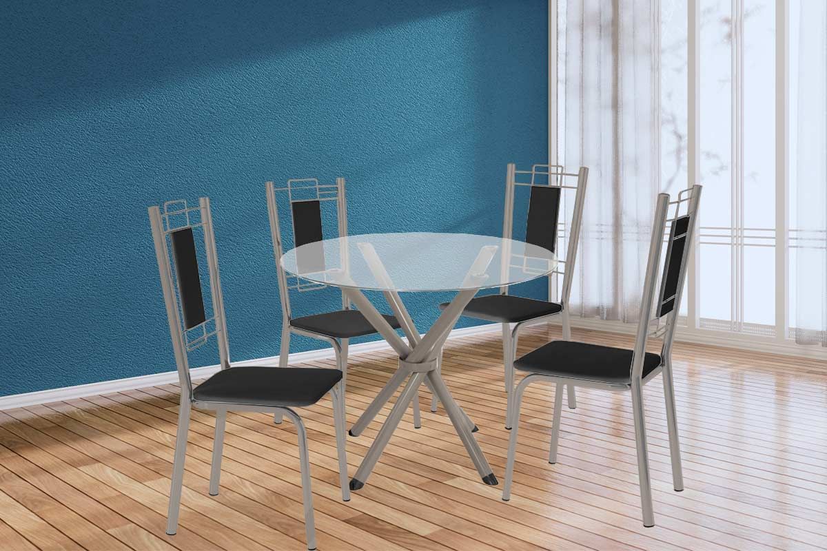 Sala Jantar Mesa Volga c/ Tampo de Vidro 95cm e 4 Cadeiras Florença - Kappesberg
