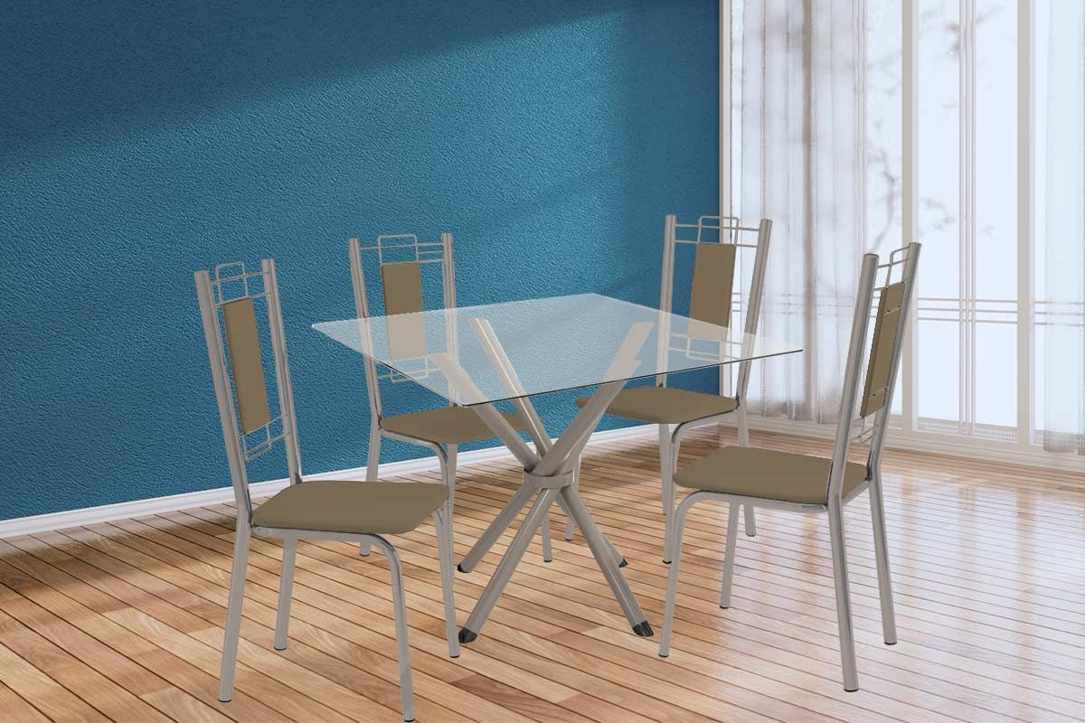 Sala Jantar Mesa Volga c/ Tampo de Vidro 90cm e 4 Cadeiras Florença - Kappesberg