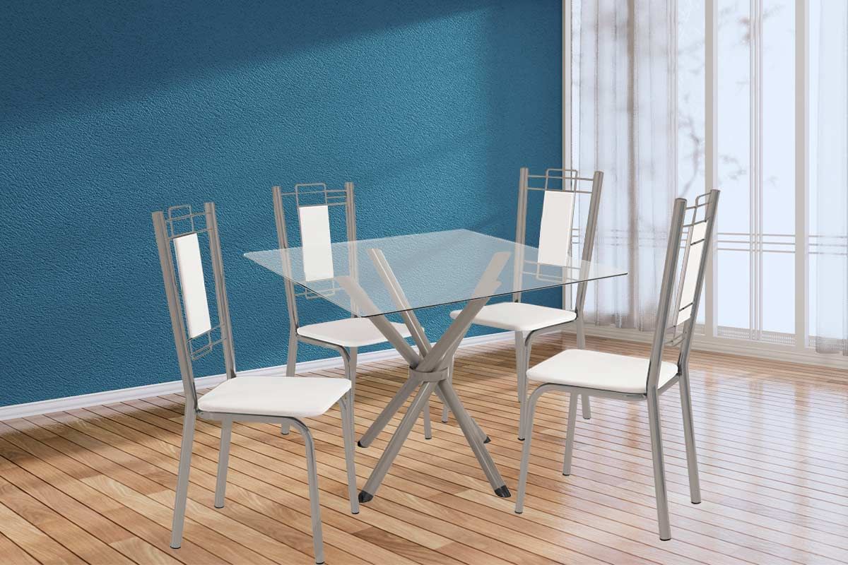 Sala Jantar Mesa Volga c/ Tampo de Vidro 90cm e 4 Cadeiras Florença - Kappesberg