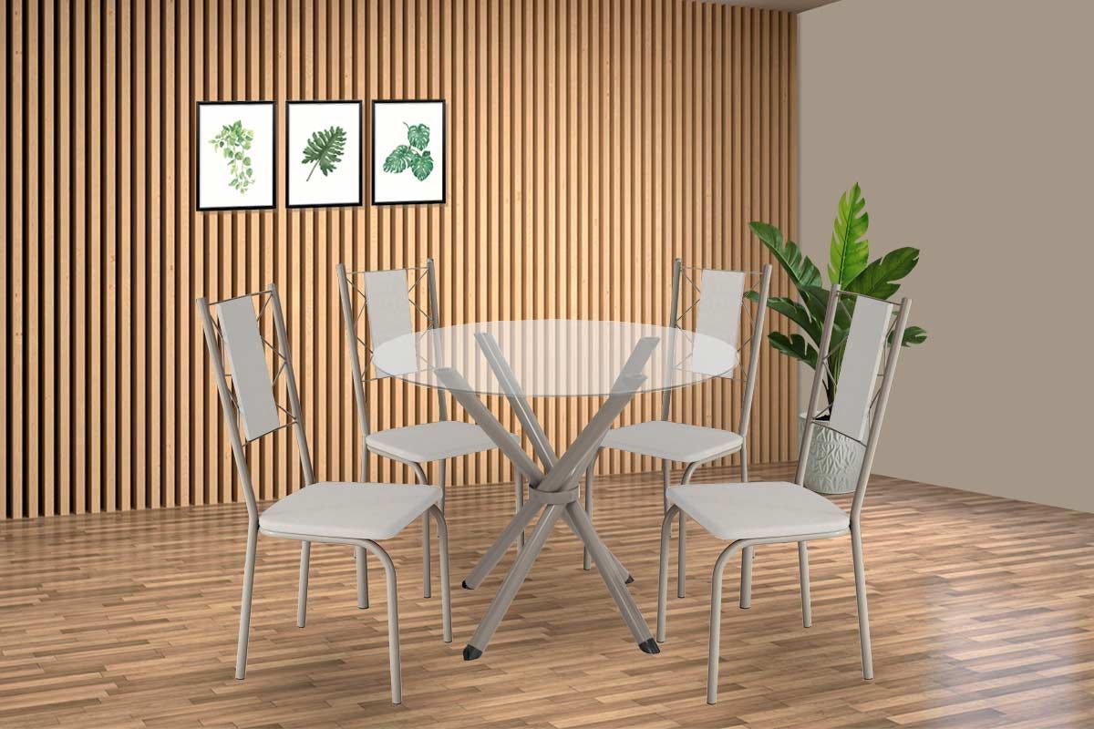 Sala Jantar Mesa Volga c/ Tampo de Vidro 95cm e 4 Cadeiras Lisboa - Kappesberg