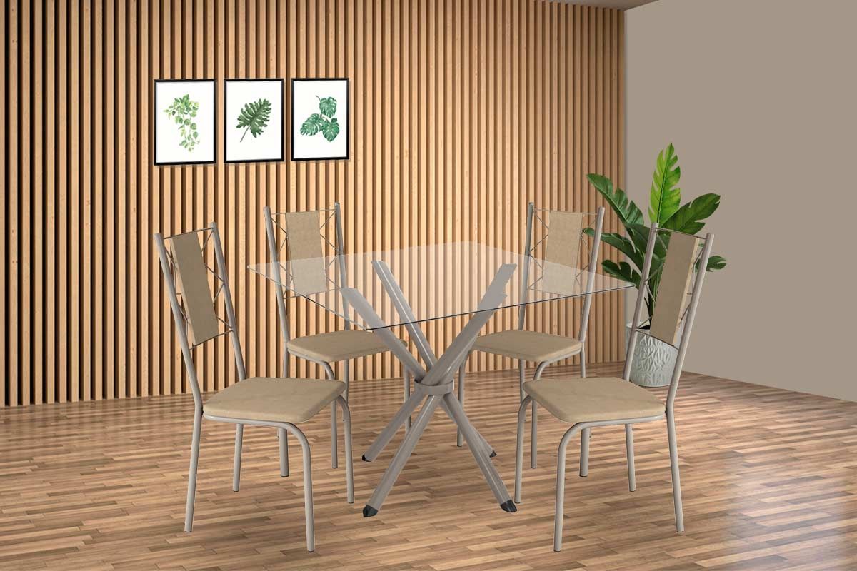 Sala Jantar Mesa Volga c/ Tampo de Vidro 90cm e 4 Cadeiras Lisboa - Kappesberg