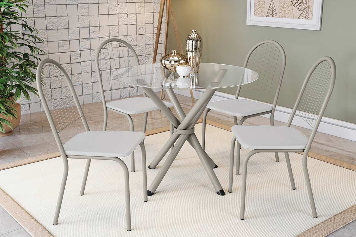 Sala Jantar Mesa Volga c/ Tampo de Vidro 95cm e 4 Cadeiras Noruega - Kappesberg