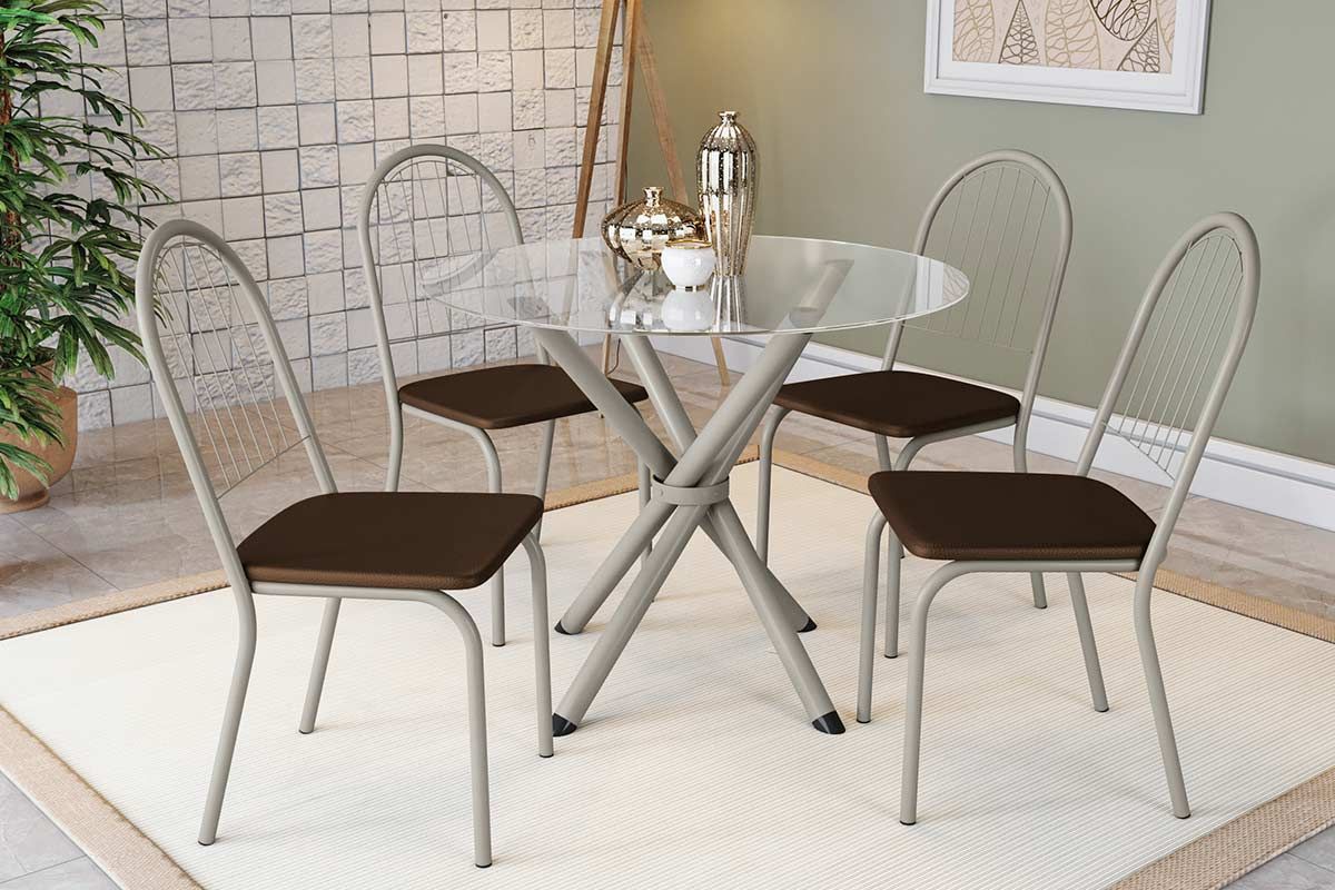 Sala Jantar Mesa Volga c/ Tampo de Vidro 95cm e 4 Cadeiras Noruega - Kappesberg