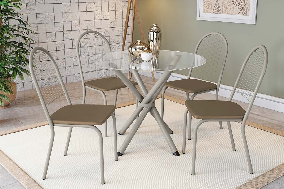 Sala Jantar Mesa Volga c/ Tampo de Vidro 95cm e 4 Cadeiras Noruega - Kappesberg