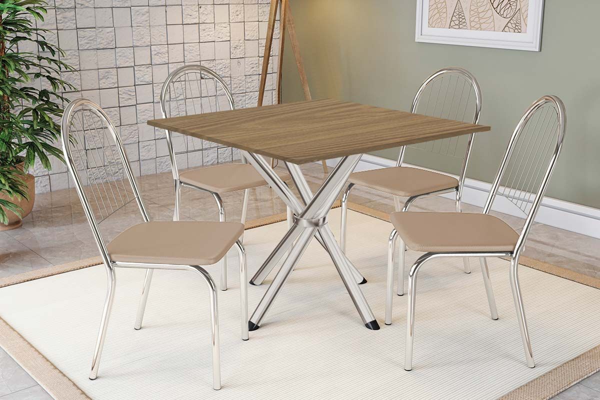 Sala Jantar Mesa Volga c/ Tampo de Madeira 90cm e 4 Cadeiras Noruega - Kappesberg