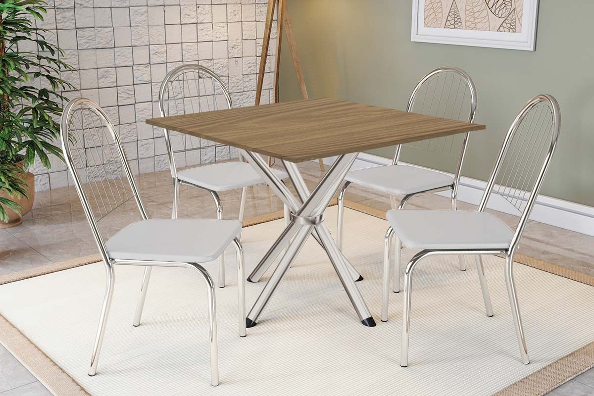 Sala Jantar Mesa Volga c/ Tampo de Madeira 90cm e 4 Cadeiras Noruega - Kappesberg