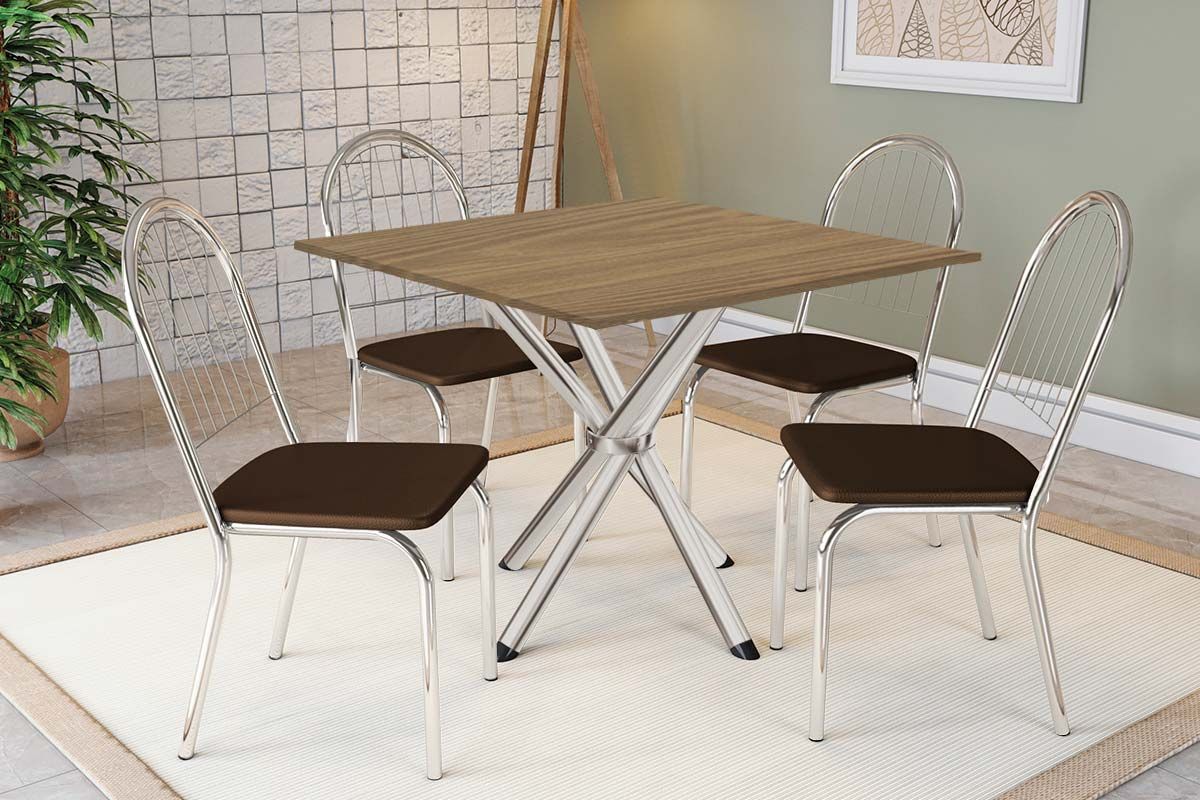 Sala Jantar Mesa Volga c/ Tampo de Madeira 90cm e 4 Cadeiras Noruega - Kappesberg