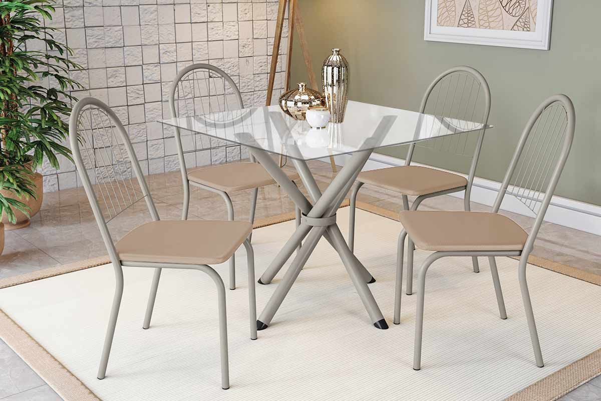Sala Jantar Mesa Volga c/ Tampo de Vidro 90cm e 4 Cadeiras Noruega - Kappesberg